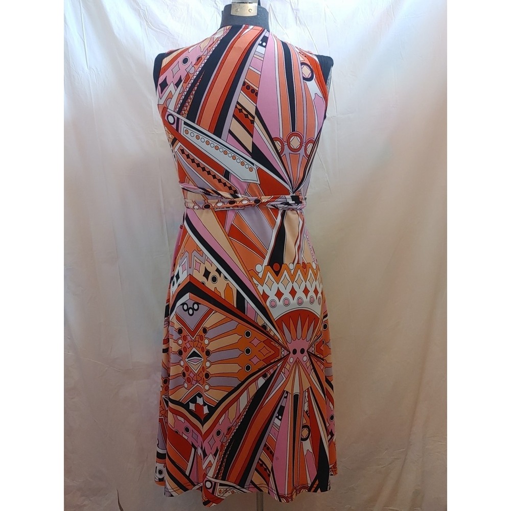Bionic Abstract Wrap Dress Women's Sz S A-Line Sheath Striped Belted Knee Length - Picture 5 of 12
